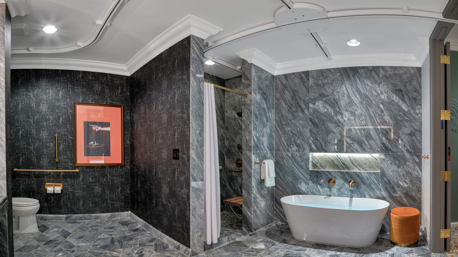Modern bathroom with gray marble surfaces, featuring a freestanding tub, roll-in shower, separate toilet with grab bars, and a mobility lift track in the ceiling going to the toilet, shower, and tub.