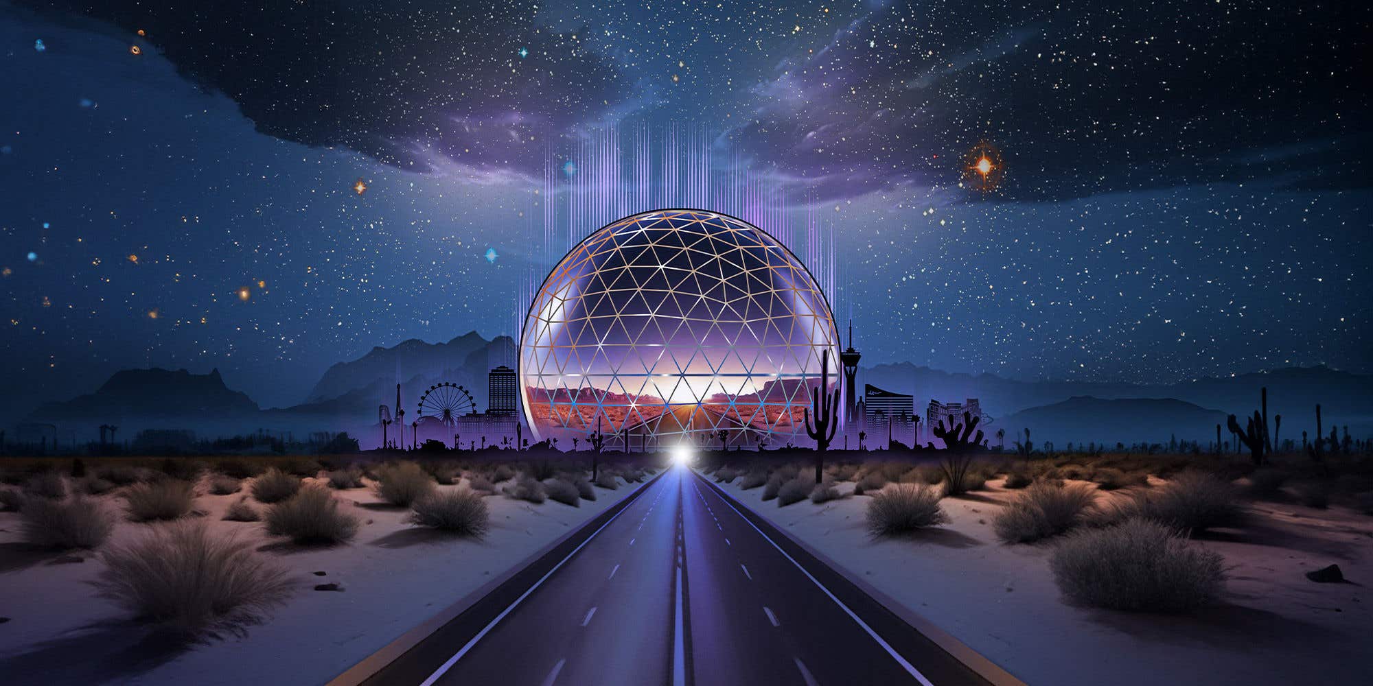 Futuristic dome structure glowing in the desert at night, with a road leading toward it, silhouettes of cacti and Las Vegas skyline details, and a star-filled sky in the background.