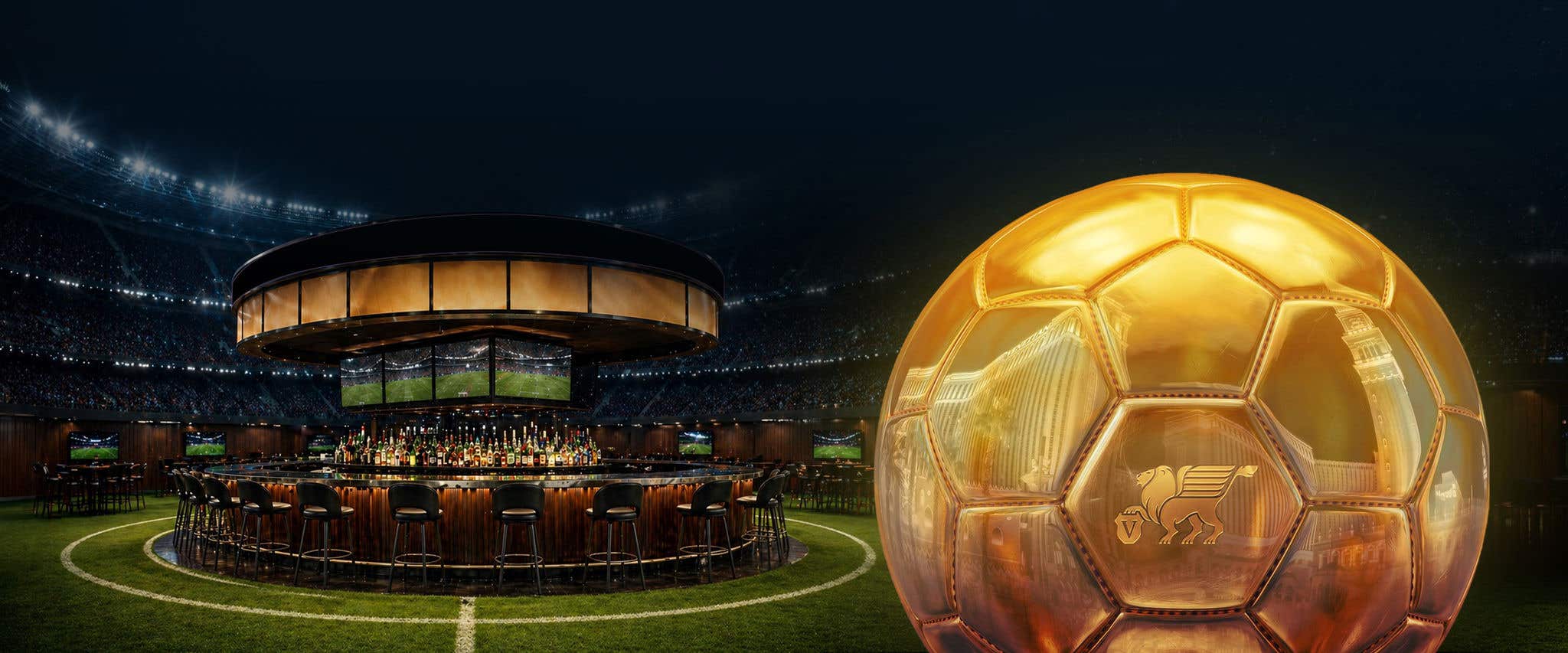 Golden soccer ball with Yahoo Sportsbook in the background. 