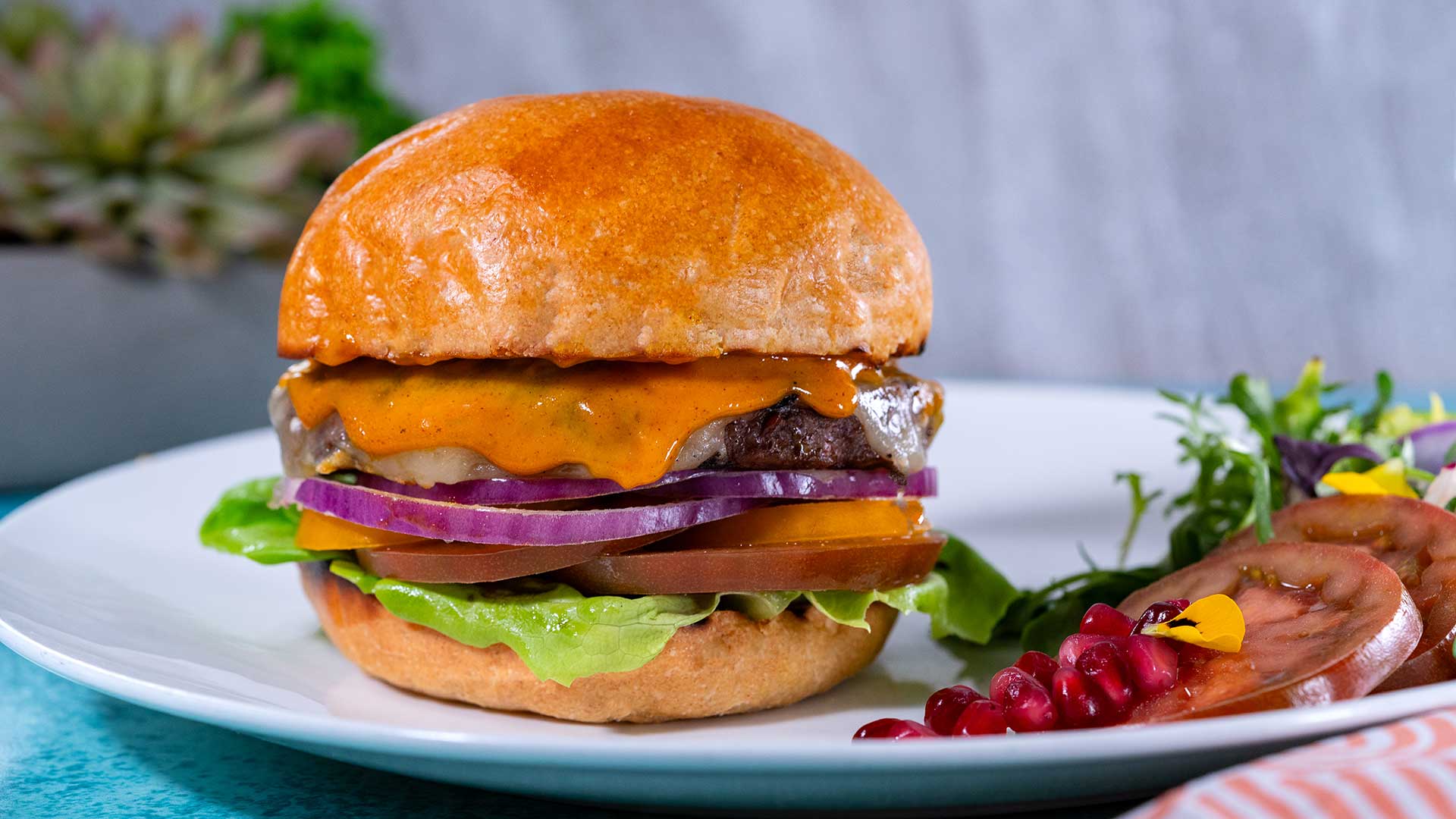 Cheeseburger with melted cheddar, lettuce, tomato, and red onion on a bun, served with a small side salad on a white plate.