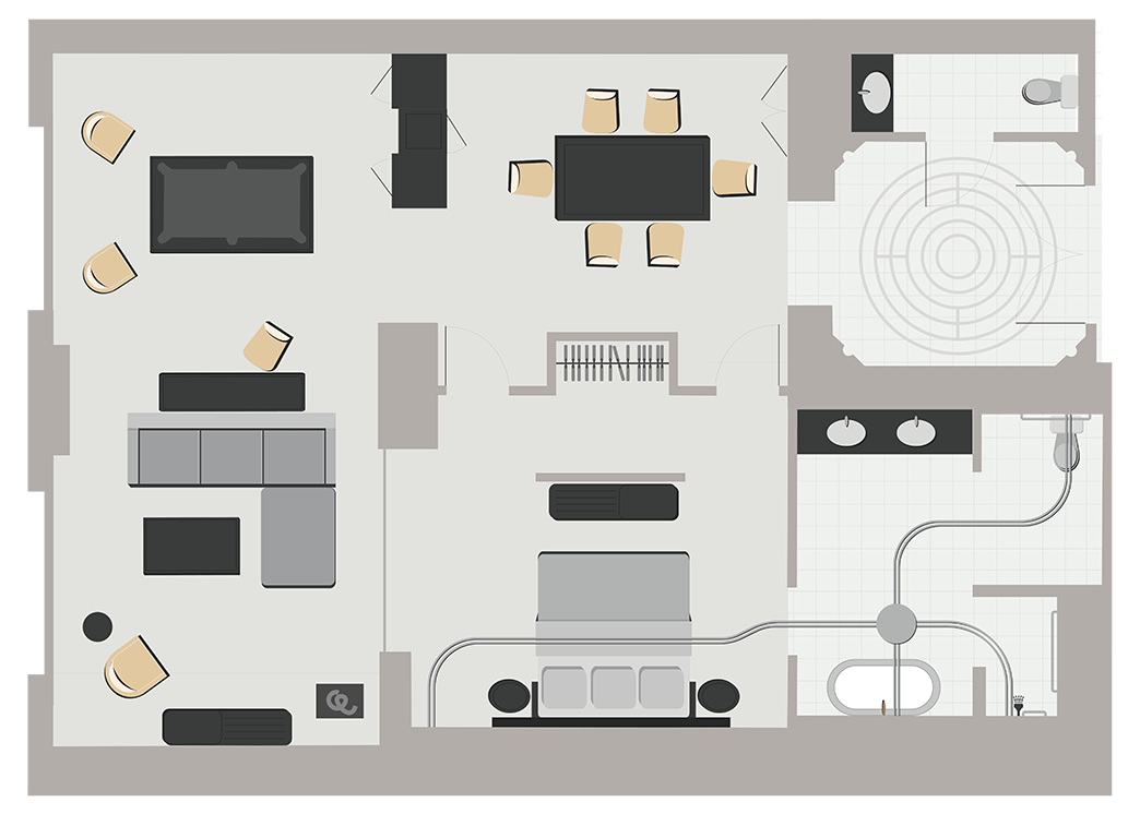 Floor plan of a hotel suite showing an open layout with living area, dining table, bedroom, and a large accessible bathroom with roll‑in shower, clear turning space, and a mobility ceiling lift track in the bedroom and bathroom.