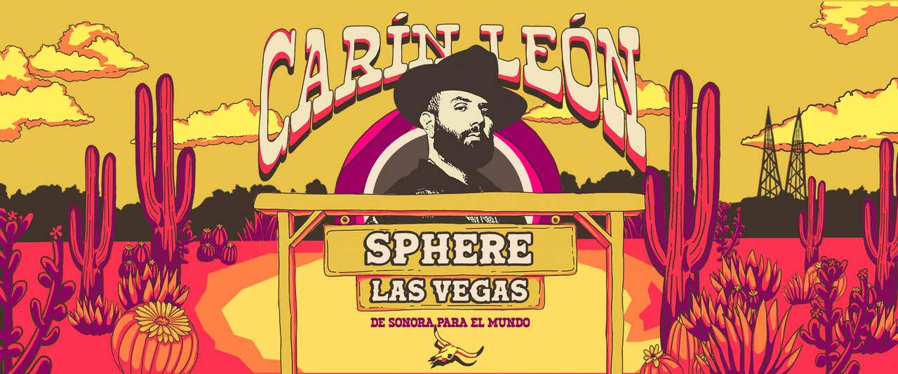 Illustrated desert scene in shades of yellow, orange and pink featuring headshot and dates of Latin artist Carín León.