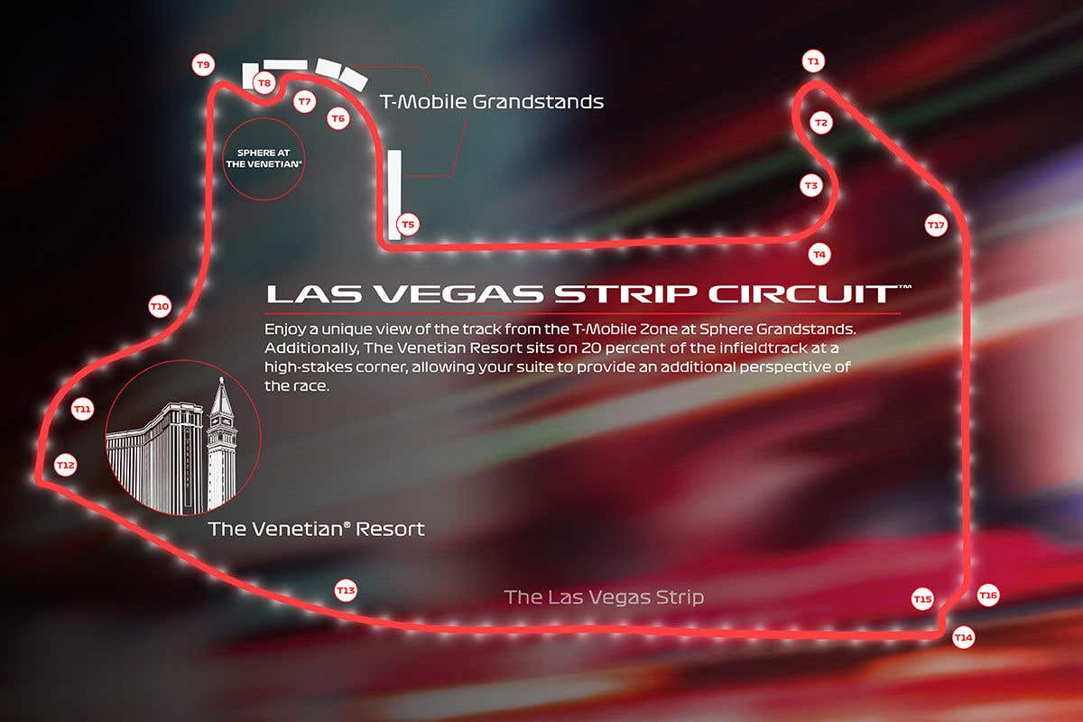 Las Vegas F1 track map 2026 showing The Venetian Resort corner turn, Sphere, and T-Mobile Zone