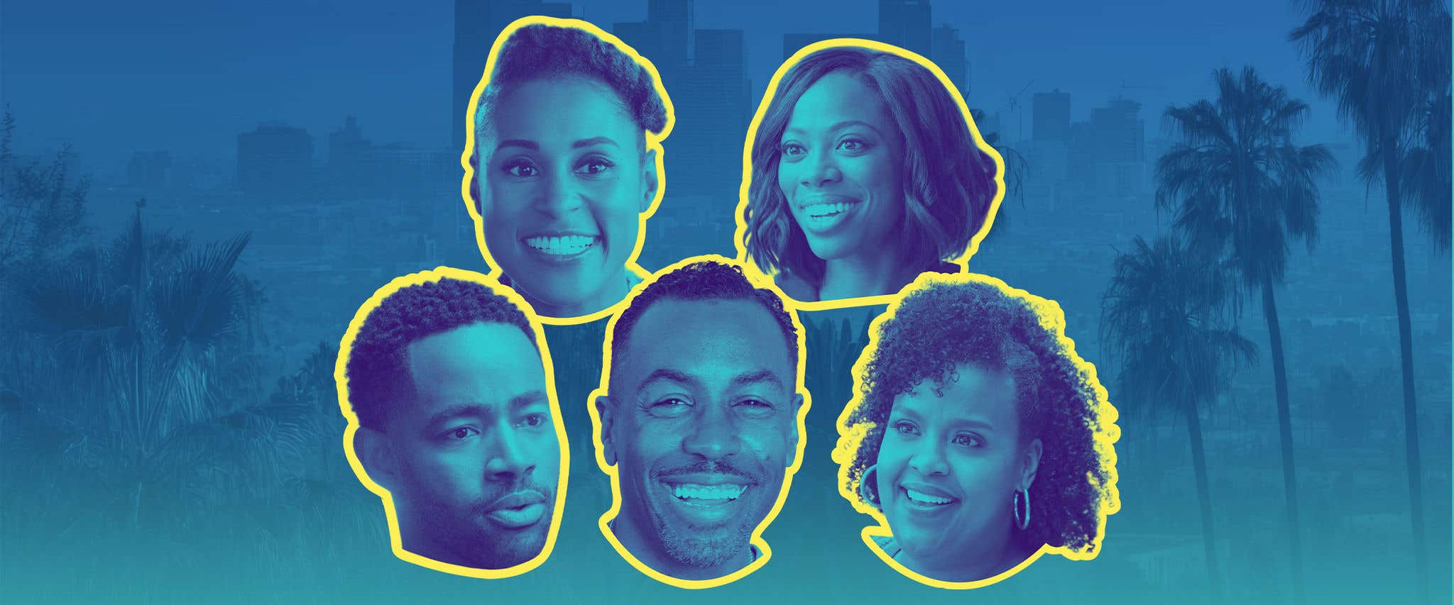 Headshot images of the cast of Insecure outlined in yellow and tinted in blue in front of tropical background tinted in blue. 