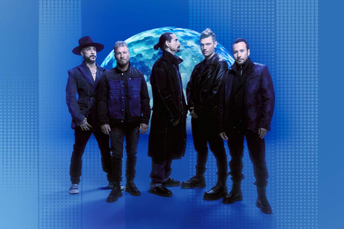 The Backstreet Boys posing against a futuristic blue globe background, featuring AJ, Brian, Howie, Nick, and Kevin in dark, stylish outfits.