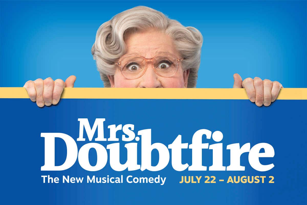 Mrs. Doubtfire’s head peaking out from underneath in front of blue background and the name written across the card.