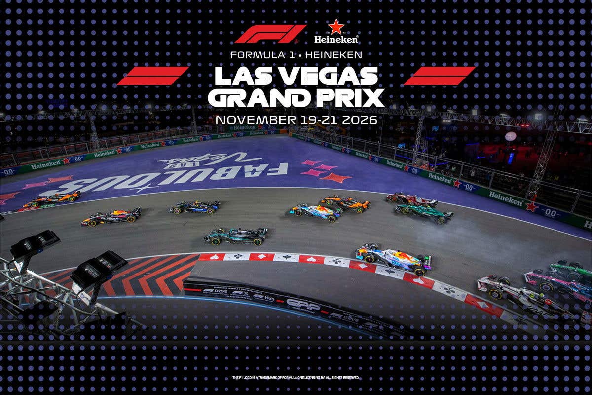 An overhead action shot of Formula 1 cars racing on the Las Vegas track at night. A text overlay reads: "Formula 1 Heineken Las Vegas Grand Prix, November 19-21 2026".